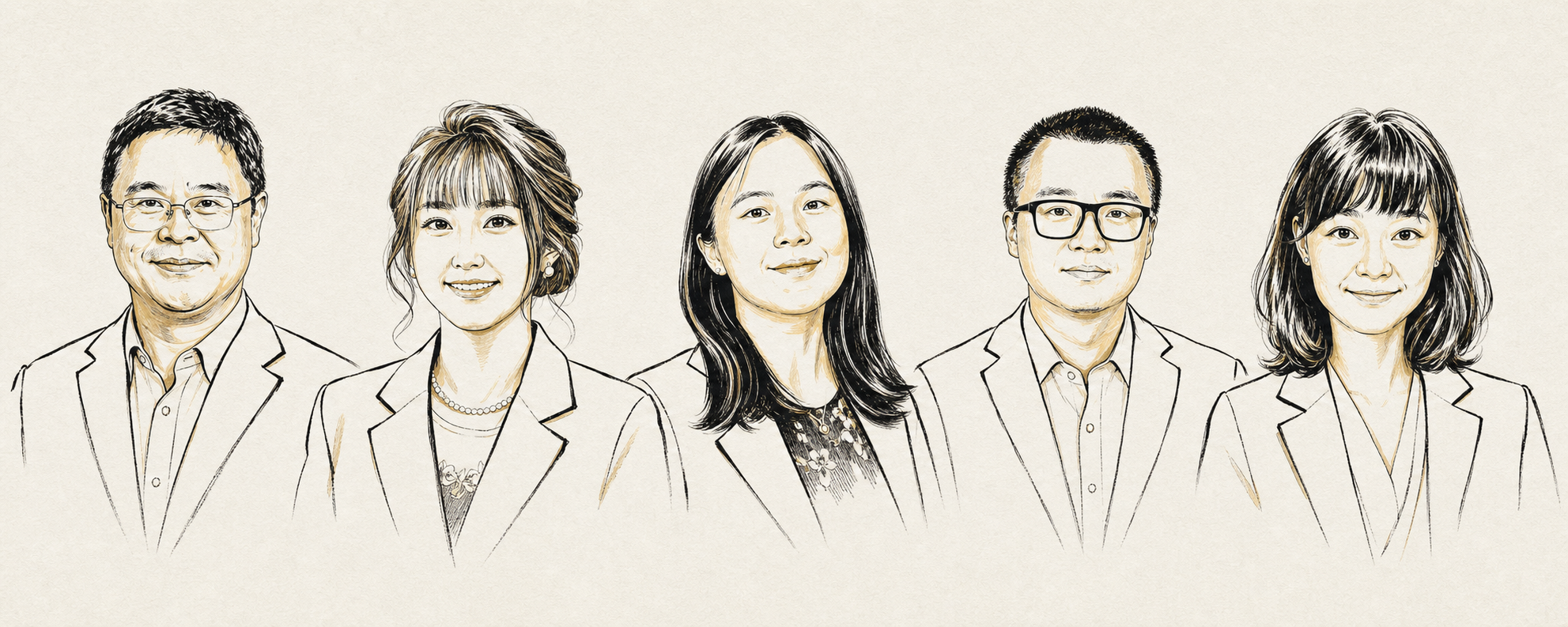 Illustrated portraits of the five TeloX leadership team members